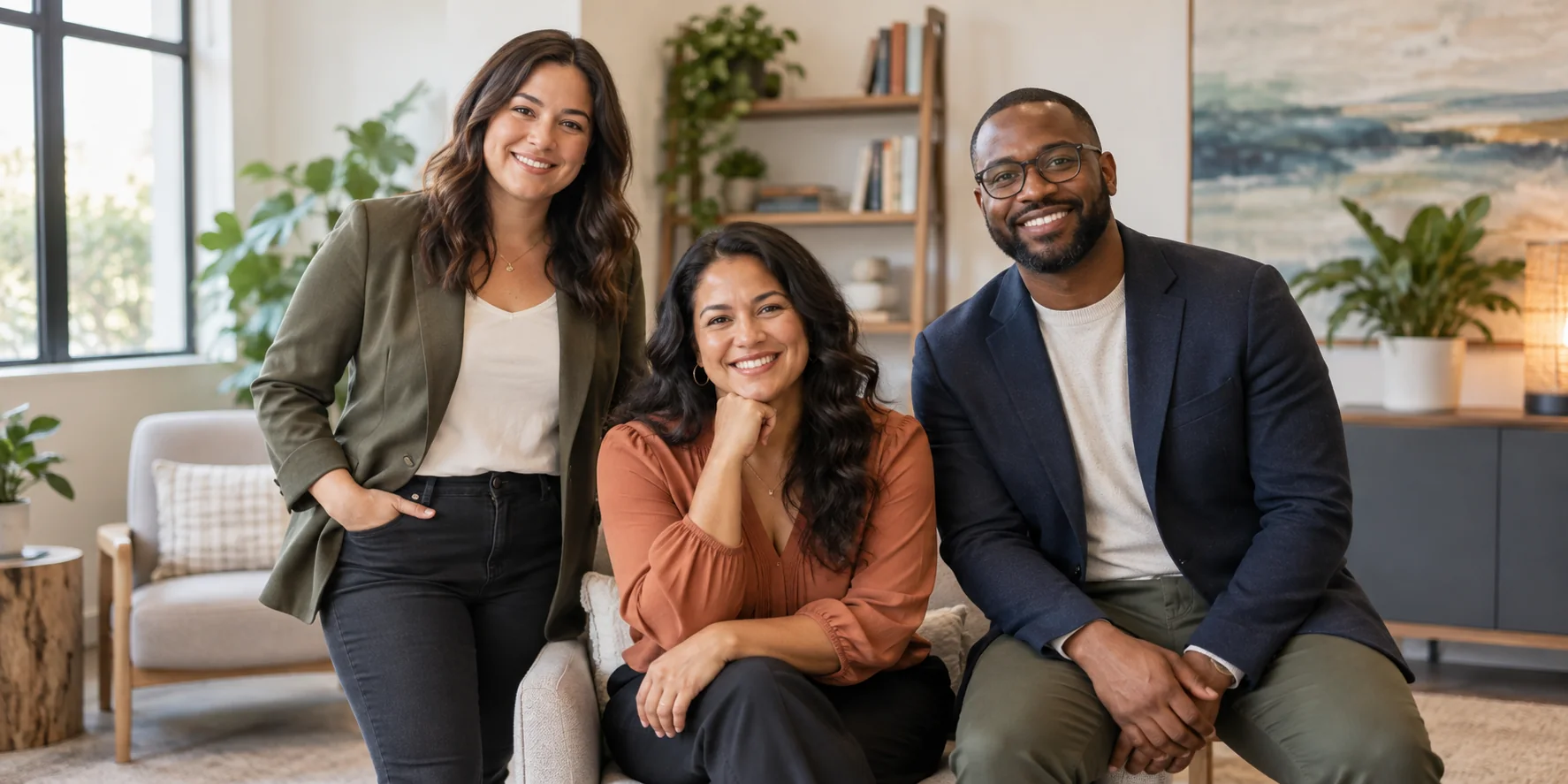 Three smiling adult professionals together in a bright office