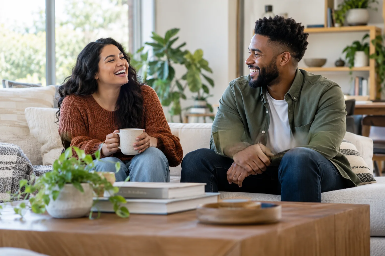 Two smiling adults enjoying a conversation in a bright setting
